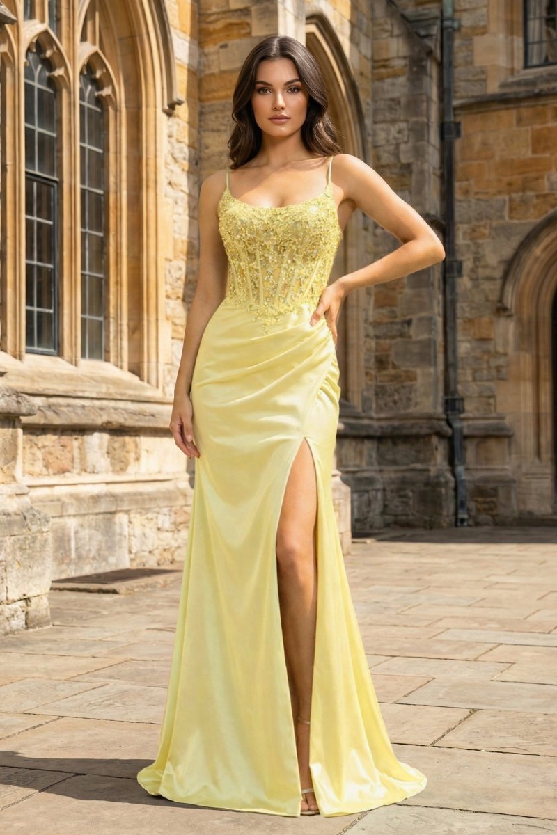 Hespera Yellow front view evening dress