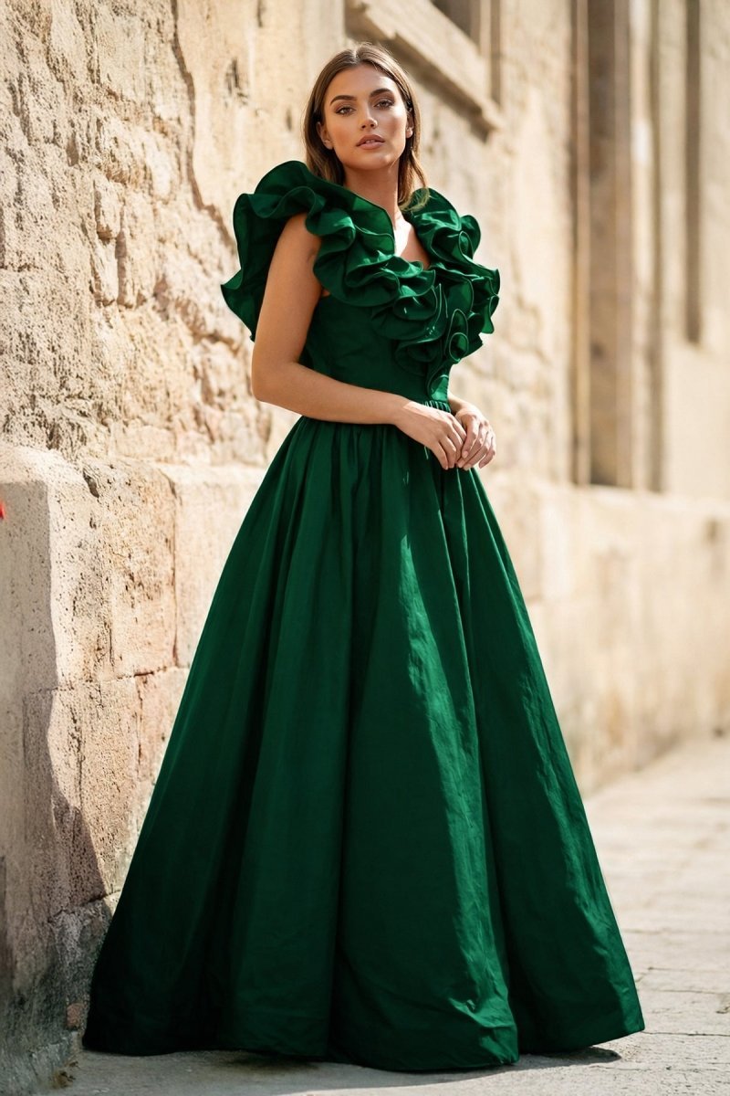Kallista Hunter Green front view prom dress