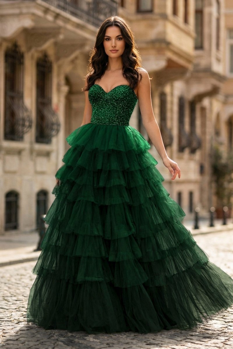 Bellamy Nell Hunter Green front view prom dress