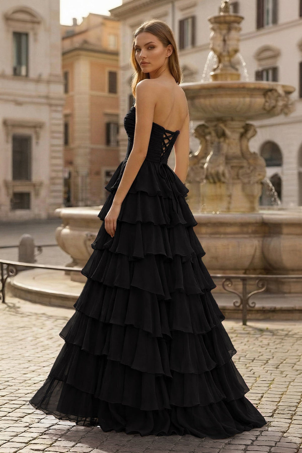 Harmonia black back view prom dress