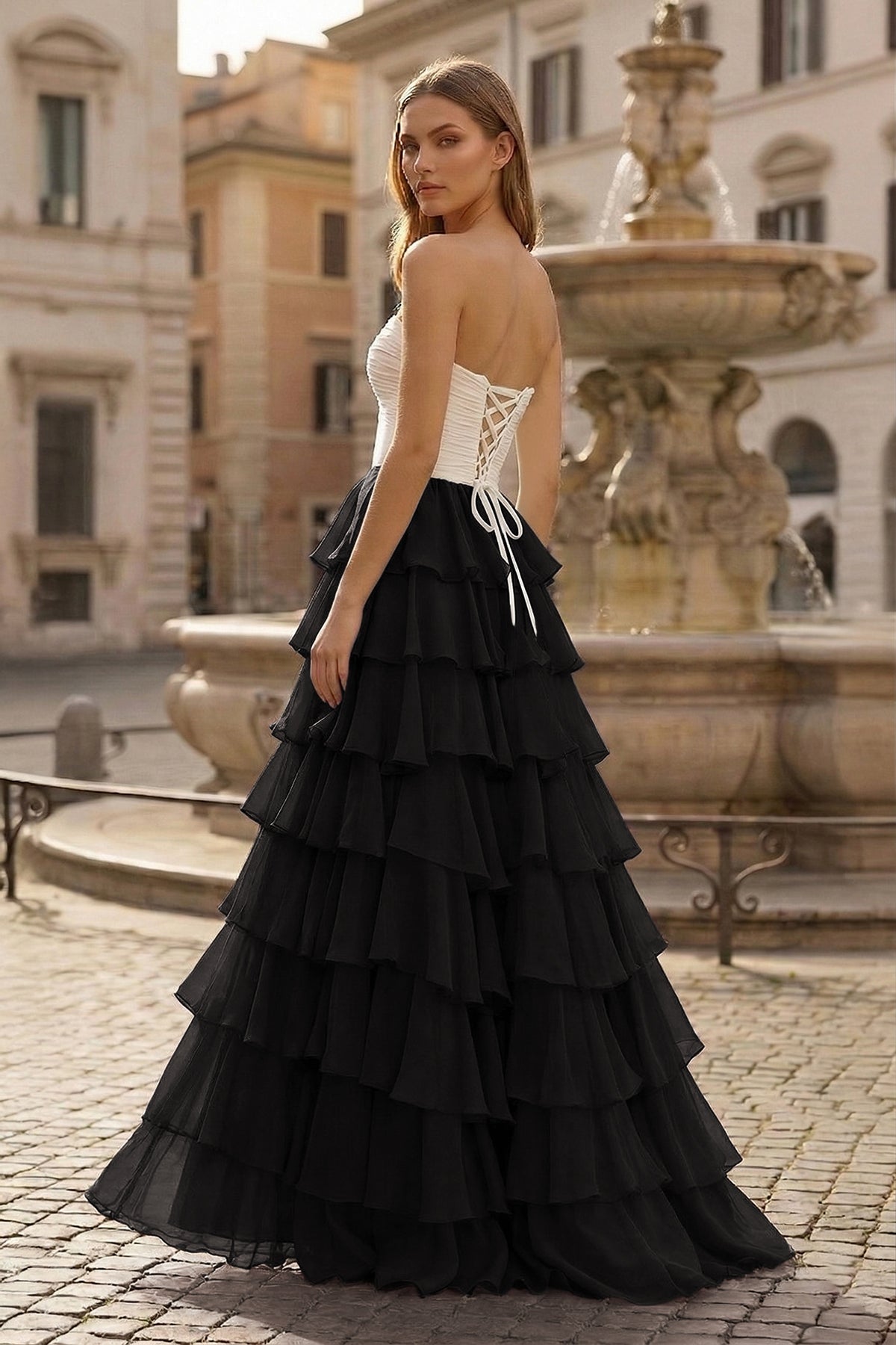 Maelle Quinn Black White back view prom dress