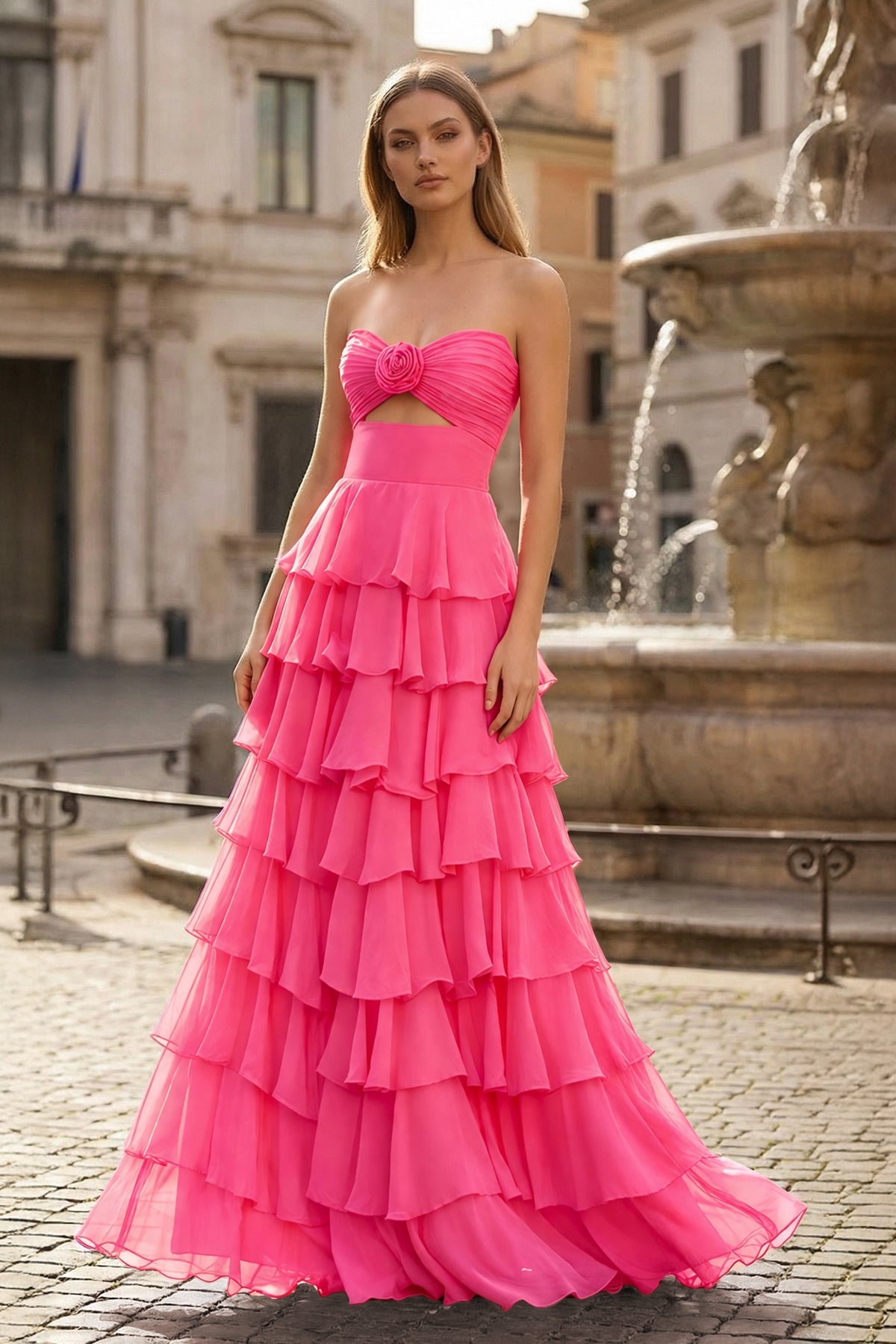 Harmonia coral pink front view prom dress
