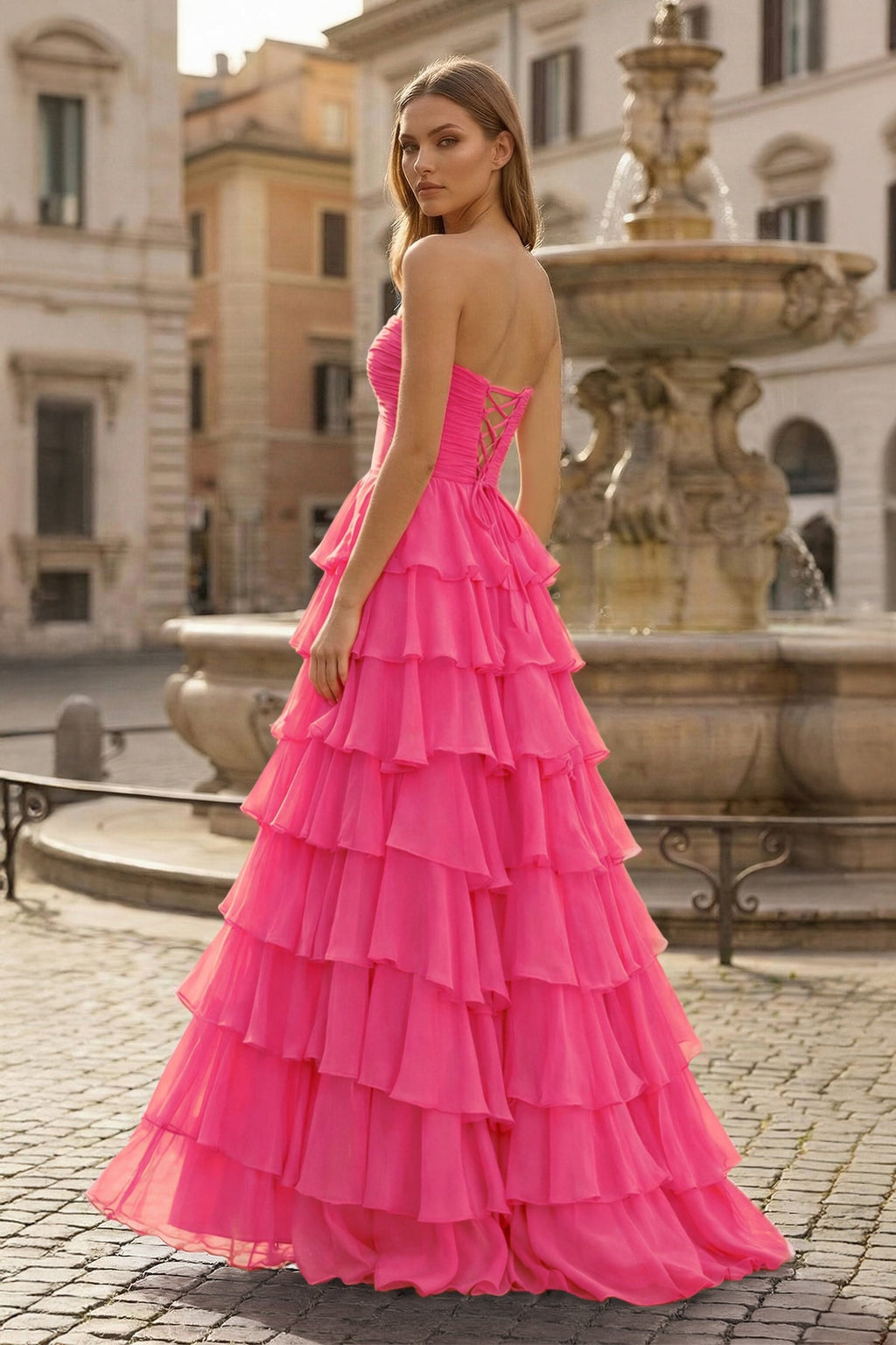Harmonia coral pink back view prom dress