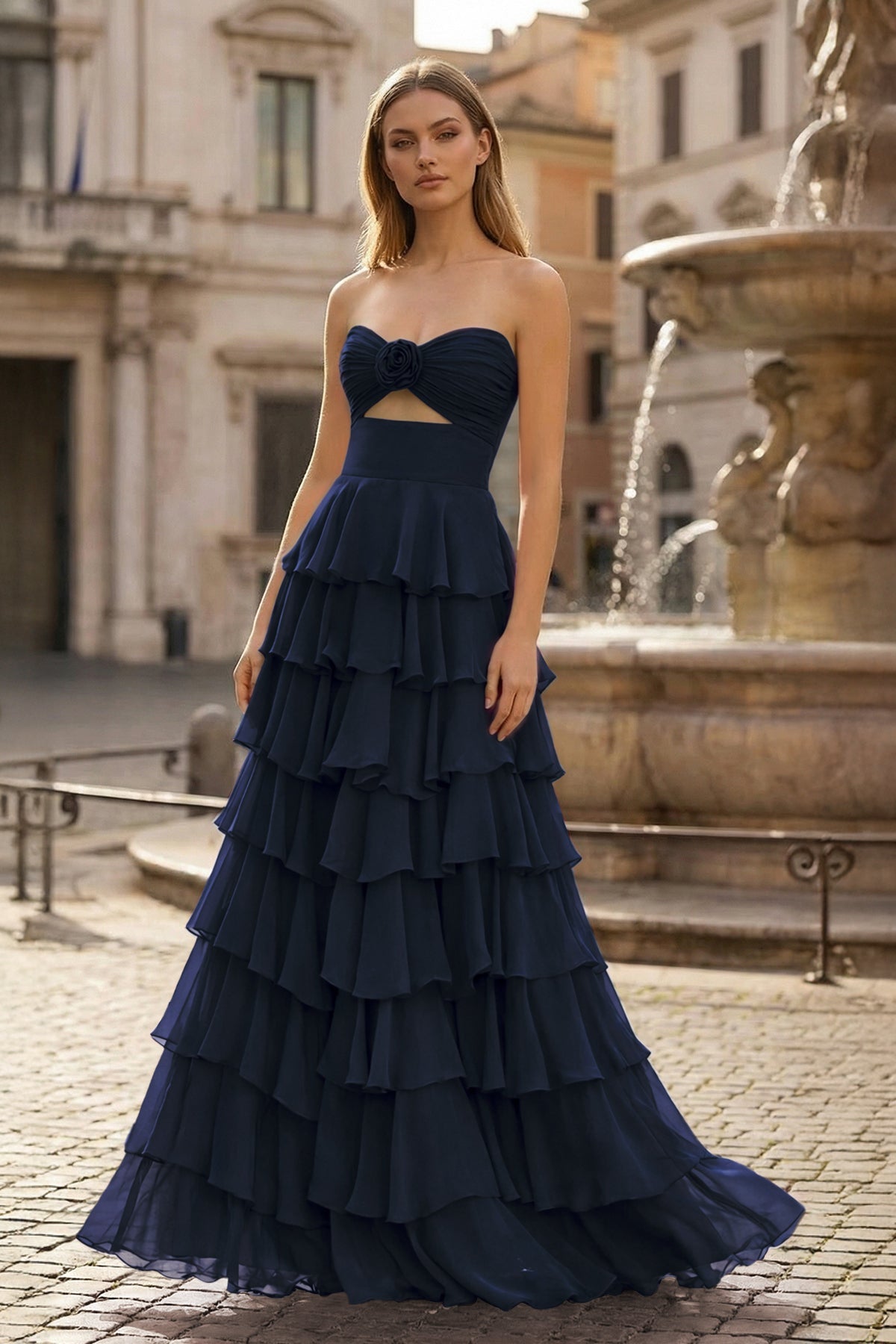 Maelle Quinn Navy Blue front view prom dress