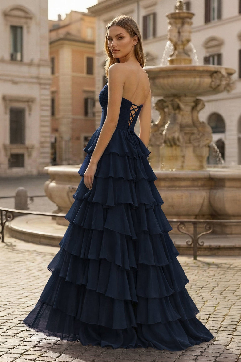 Harmonia navy blue back view prom dress