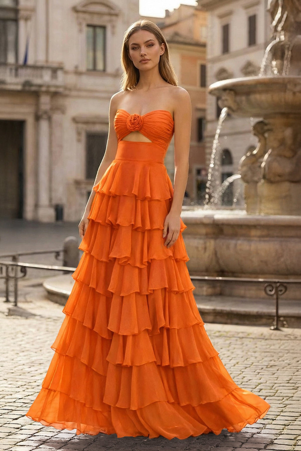 Maelle Quinn Orange front view prom dress