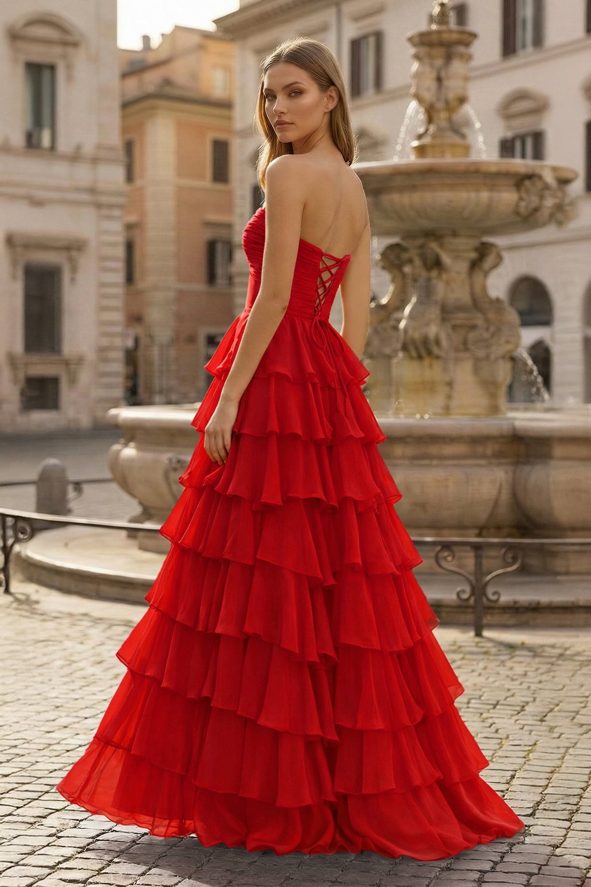Maelle Quinn Red back view prom dress