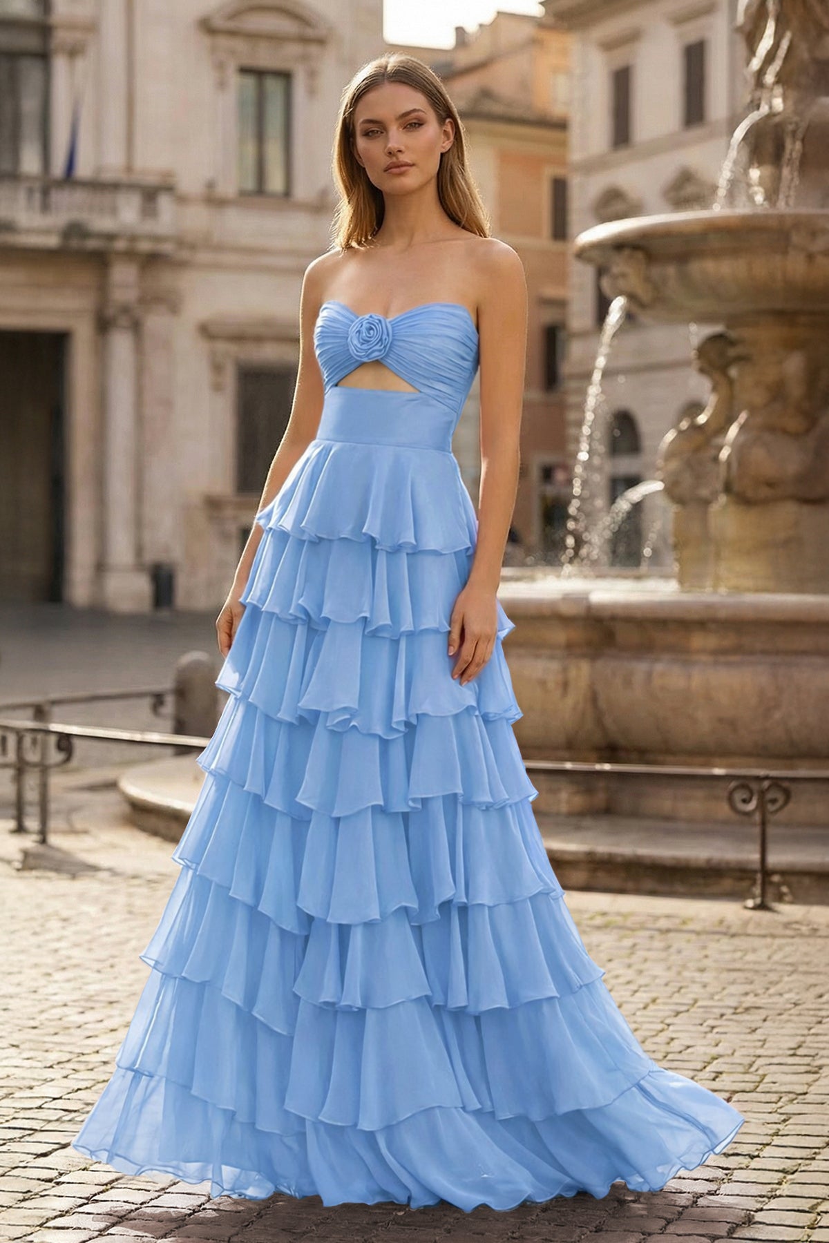 Harmonia sky blue front view prom dress