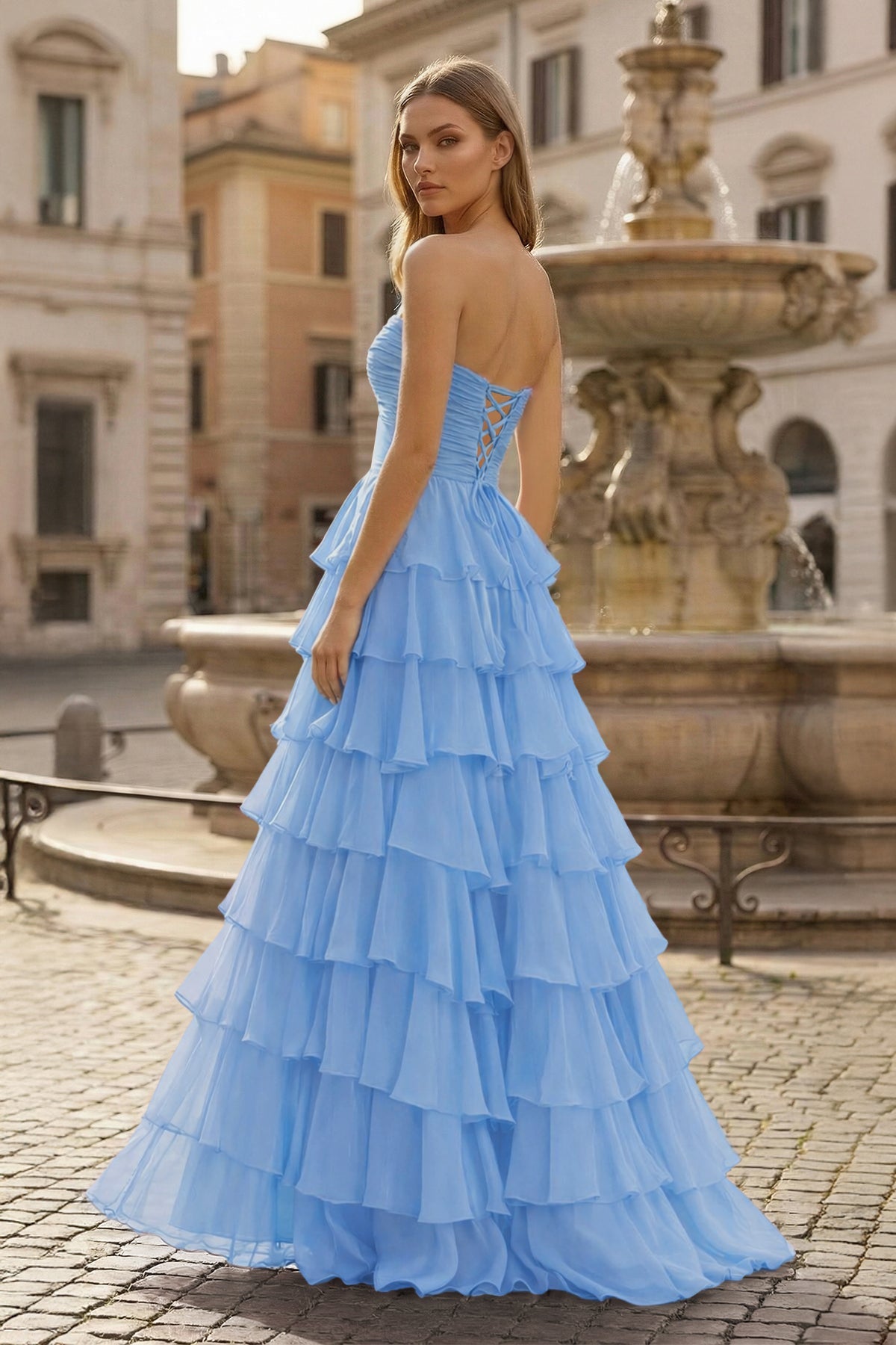 Harmonia sky blue back view prom dress