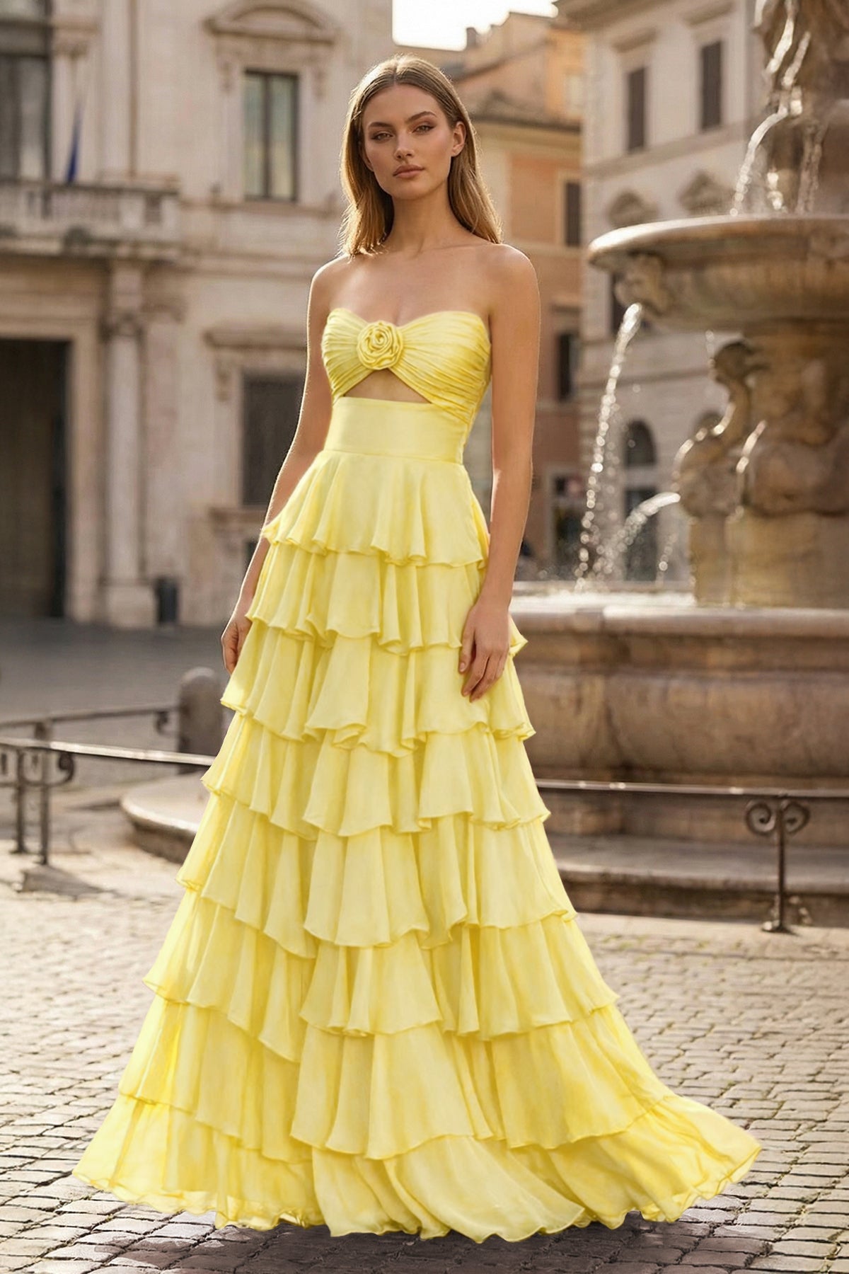 Harmonia yellow front view prom dress