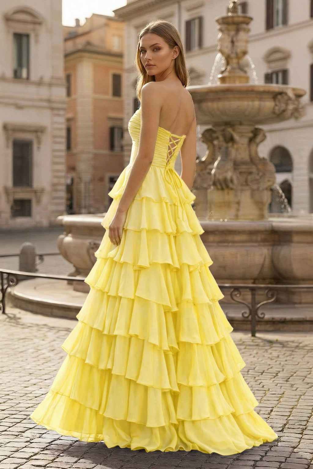 Maelle Quinn Yellow back view prom dress