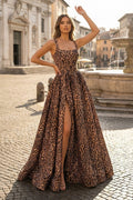 Leopard Square Neck Satin A Line Long Formal Prom Gown With Slit