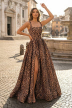 Leopard Square Neck Satin A Line Long Formal Prom Gown With Slit
