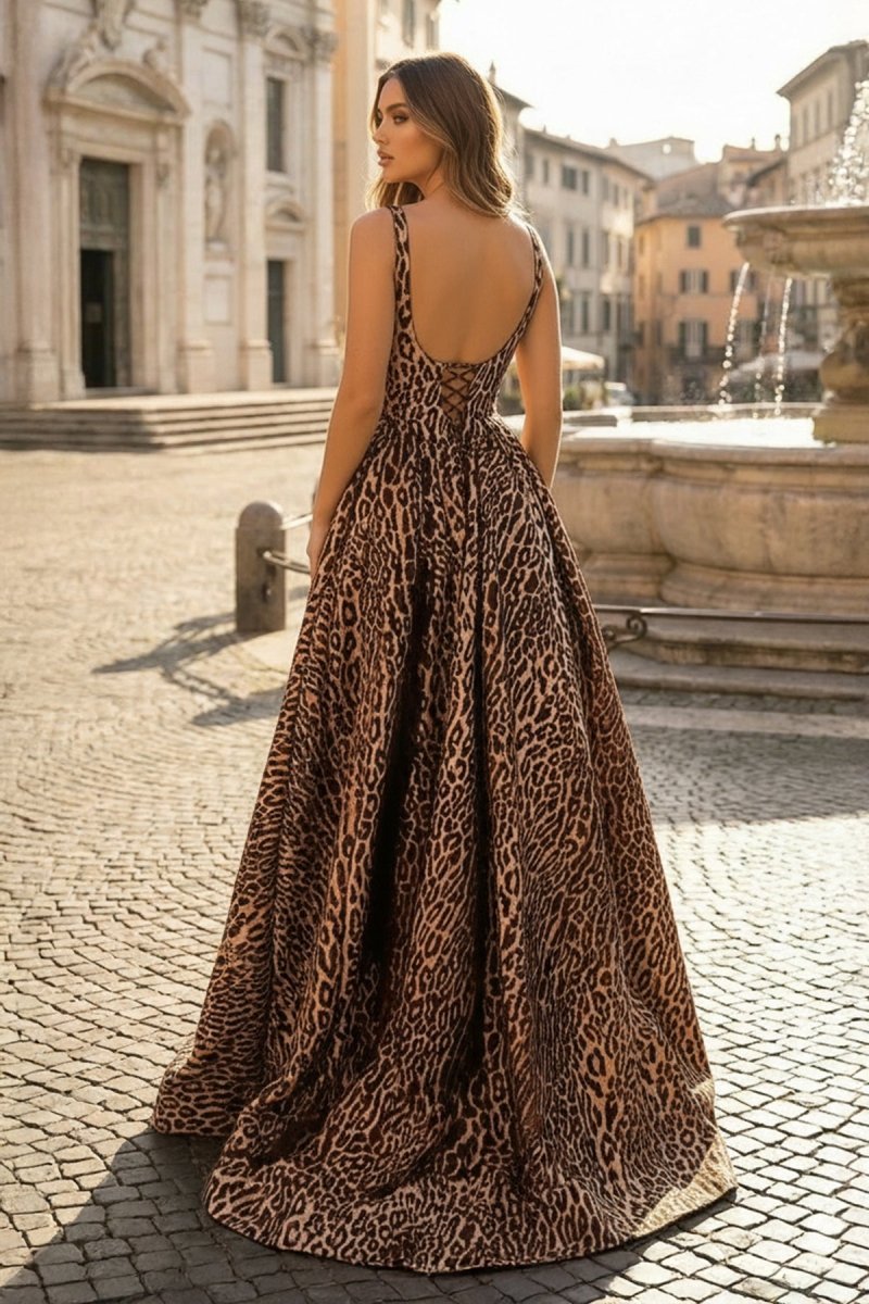 Leopard Square Neck Satin A Line Long Formal Prom Gown With Slit