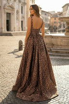 Leopard Square Neck Satin A Line Long Formal Prom Gown With Slit