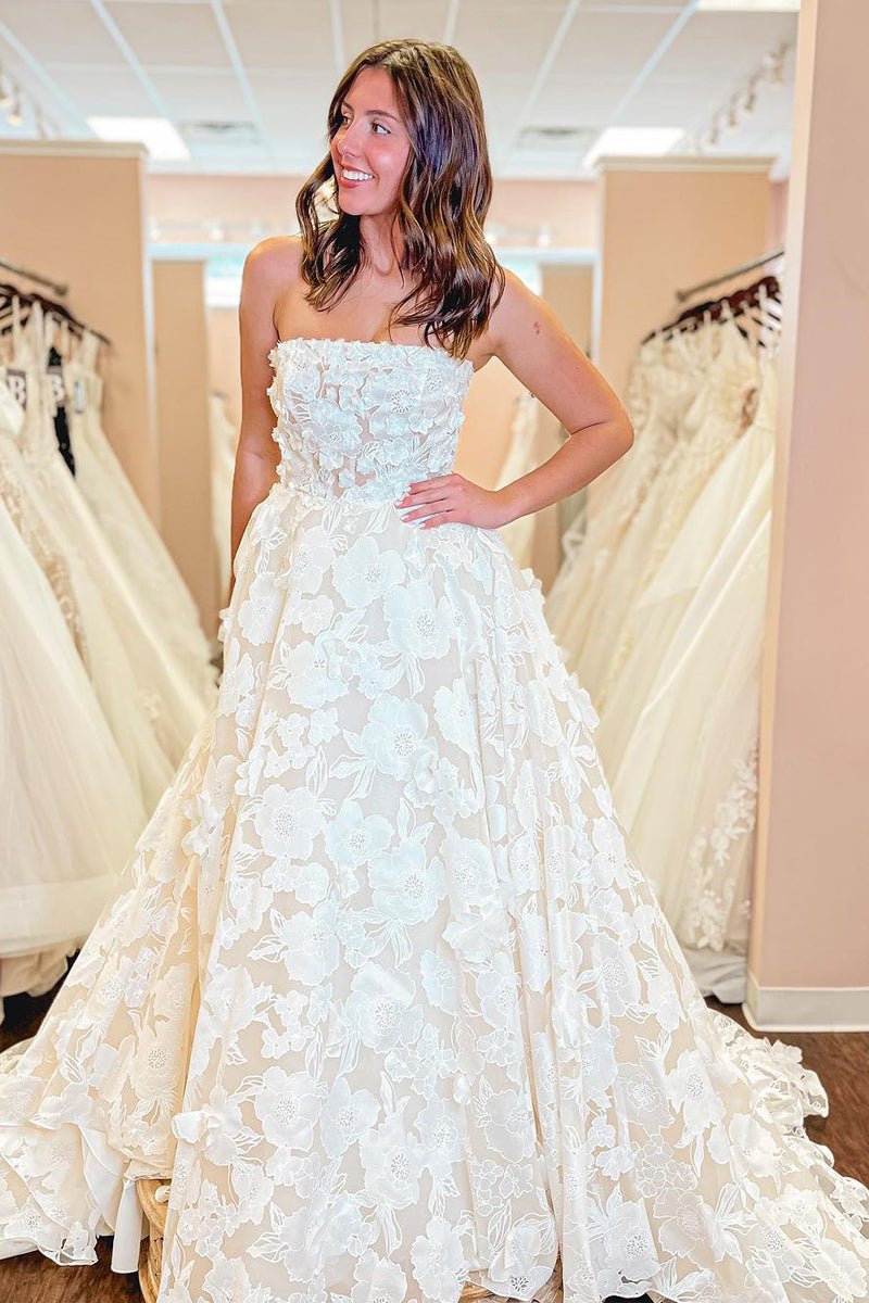 White Lace A-Line Wedding Dress with Strapless Neckline and Floral Detail