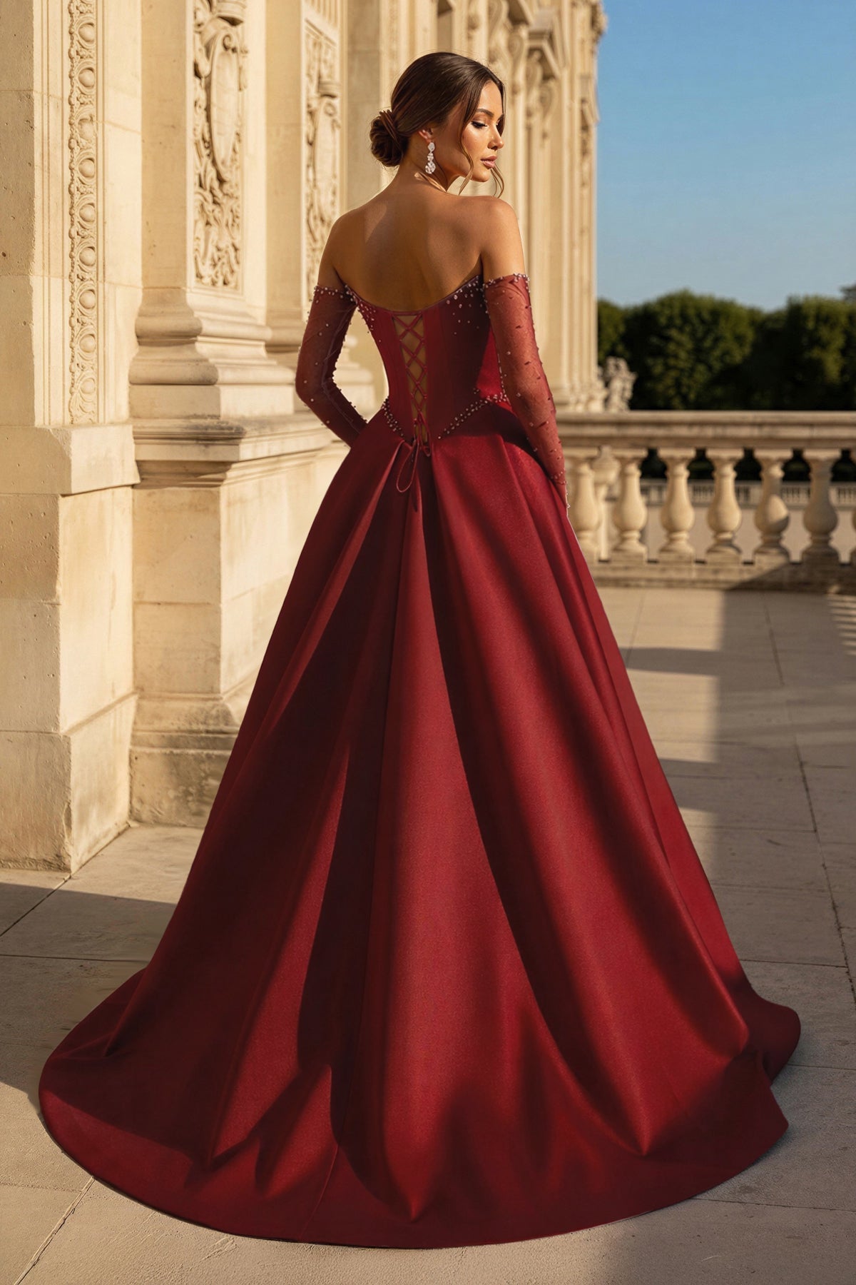 Inessa burgundy back view prom dress