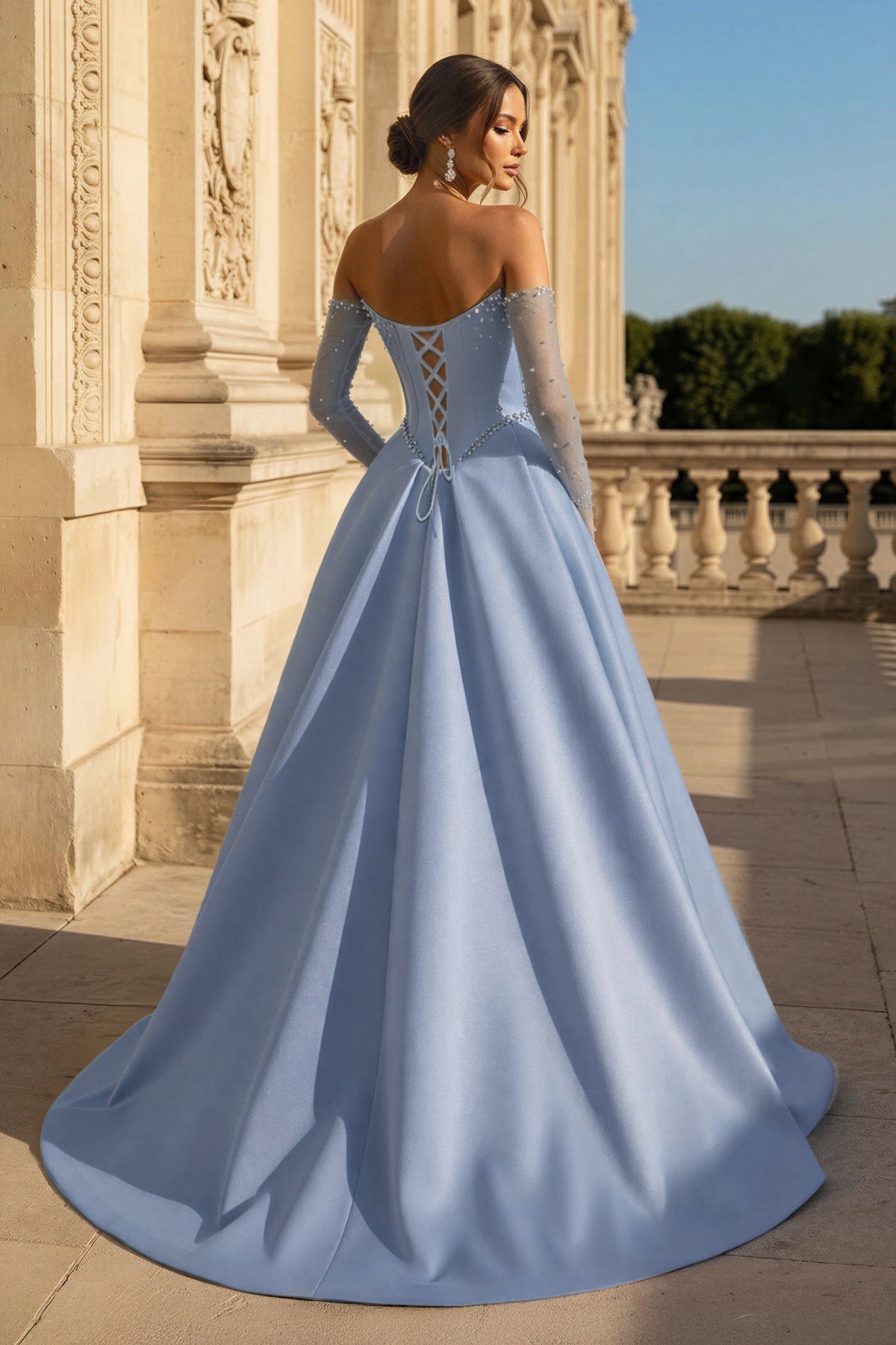 Inessa dusty blue back view prom dress