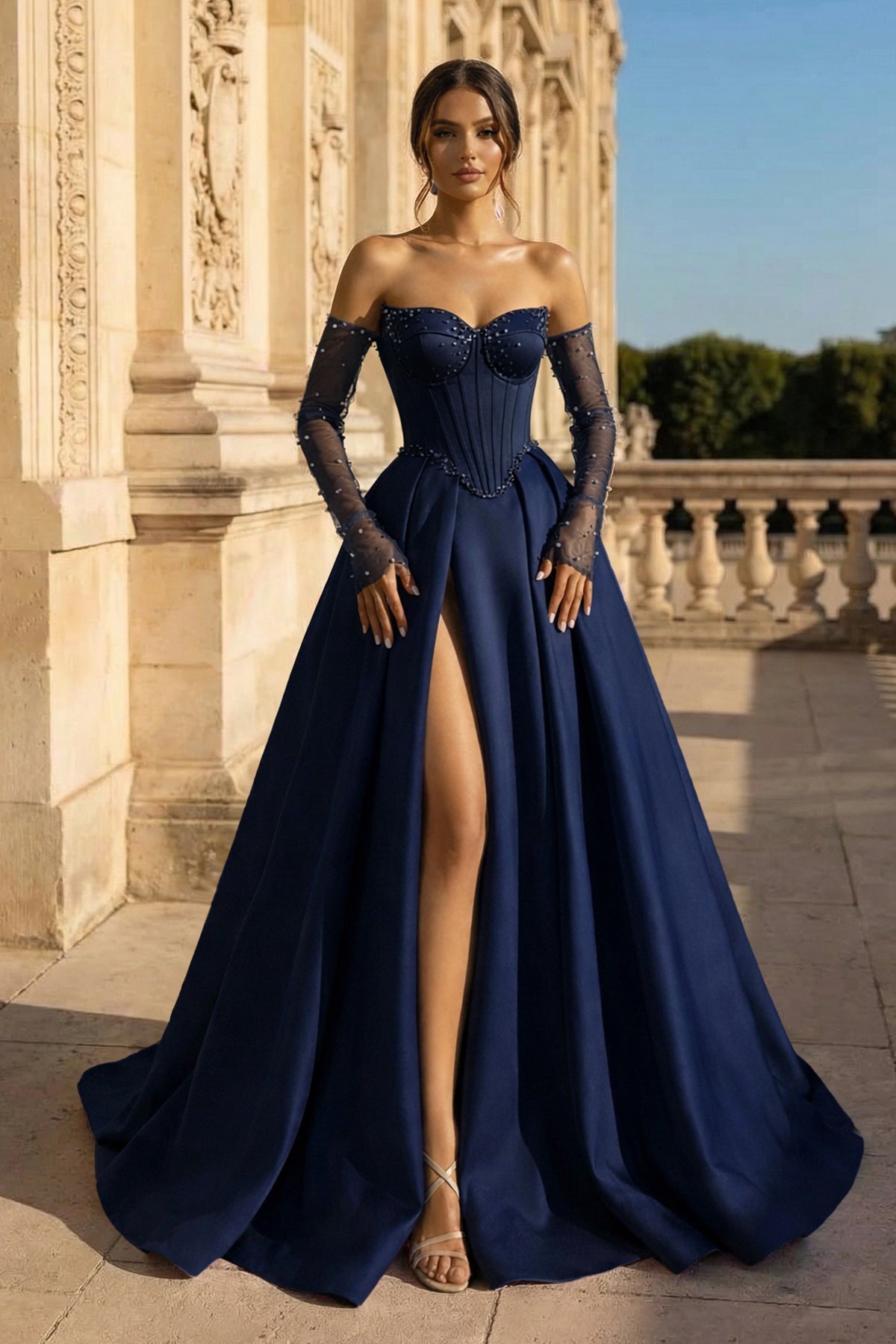 Elodie Briar Navy Blue front view prom dress