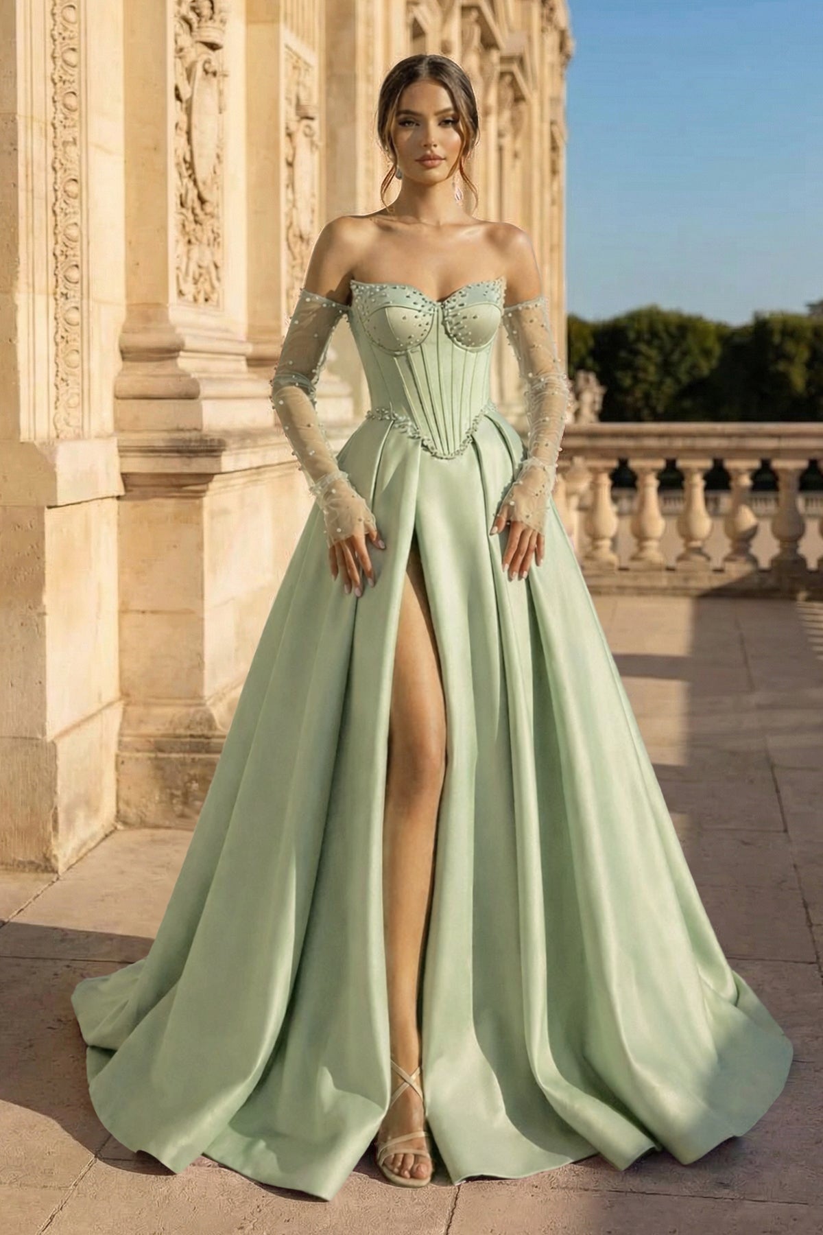 Elodie Briar Sage Green front view prom dress