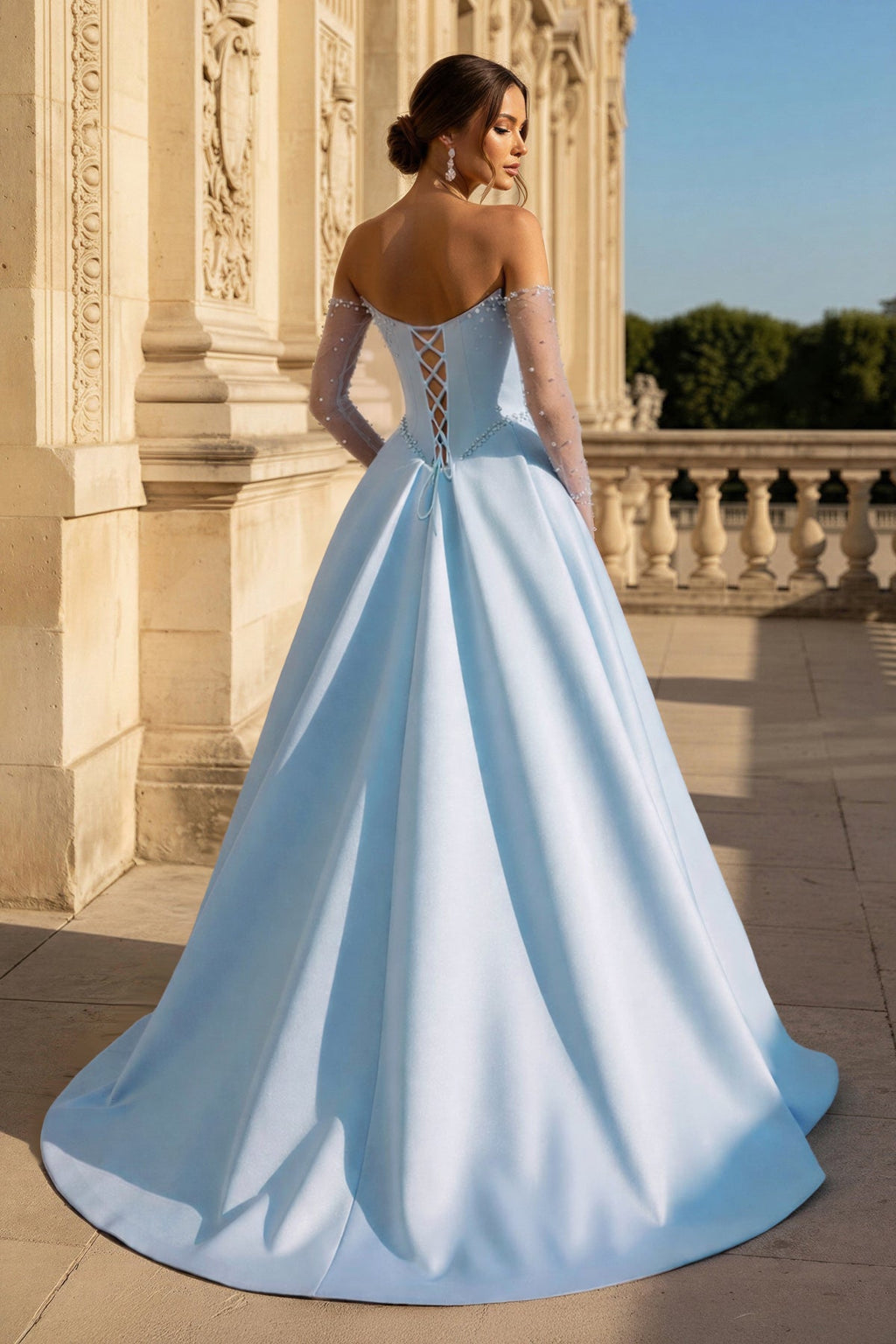 Inessa sky blue back view prom dress