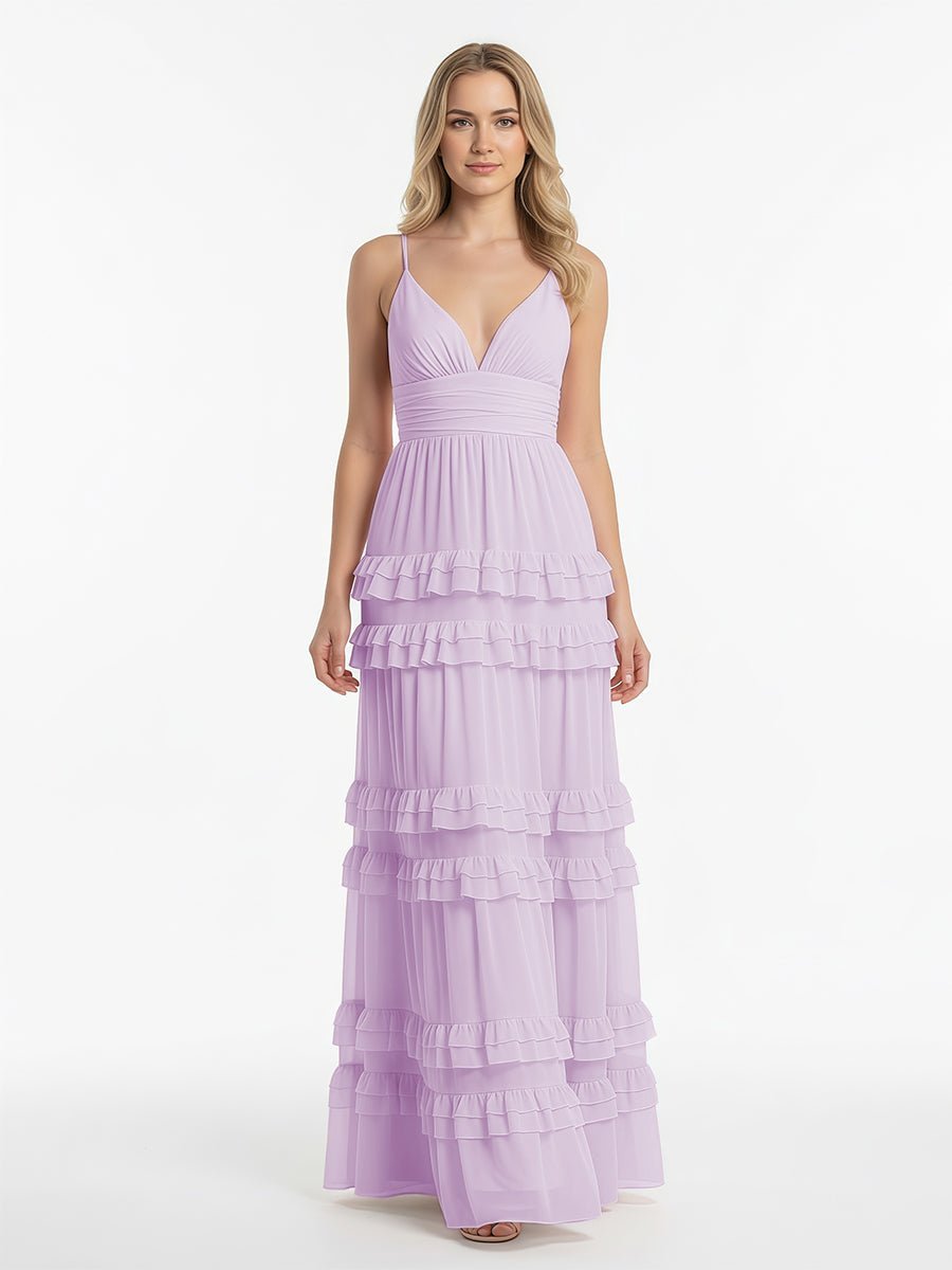 Blush Chiffon A-Line Bridesmaid Dress with V-Neck Neckline and Ruffles