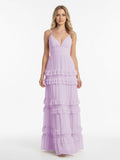 Blush Chiffon A-Line Bridesmaid Dress with V-Neck Neckline and Ruffles