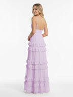 Blush Chiffon A-Line Bridesmaid Dress with V-Neck Neckline and Ruffles