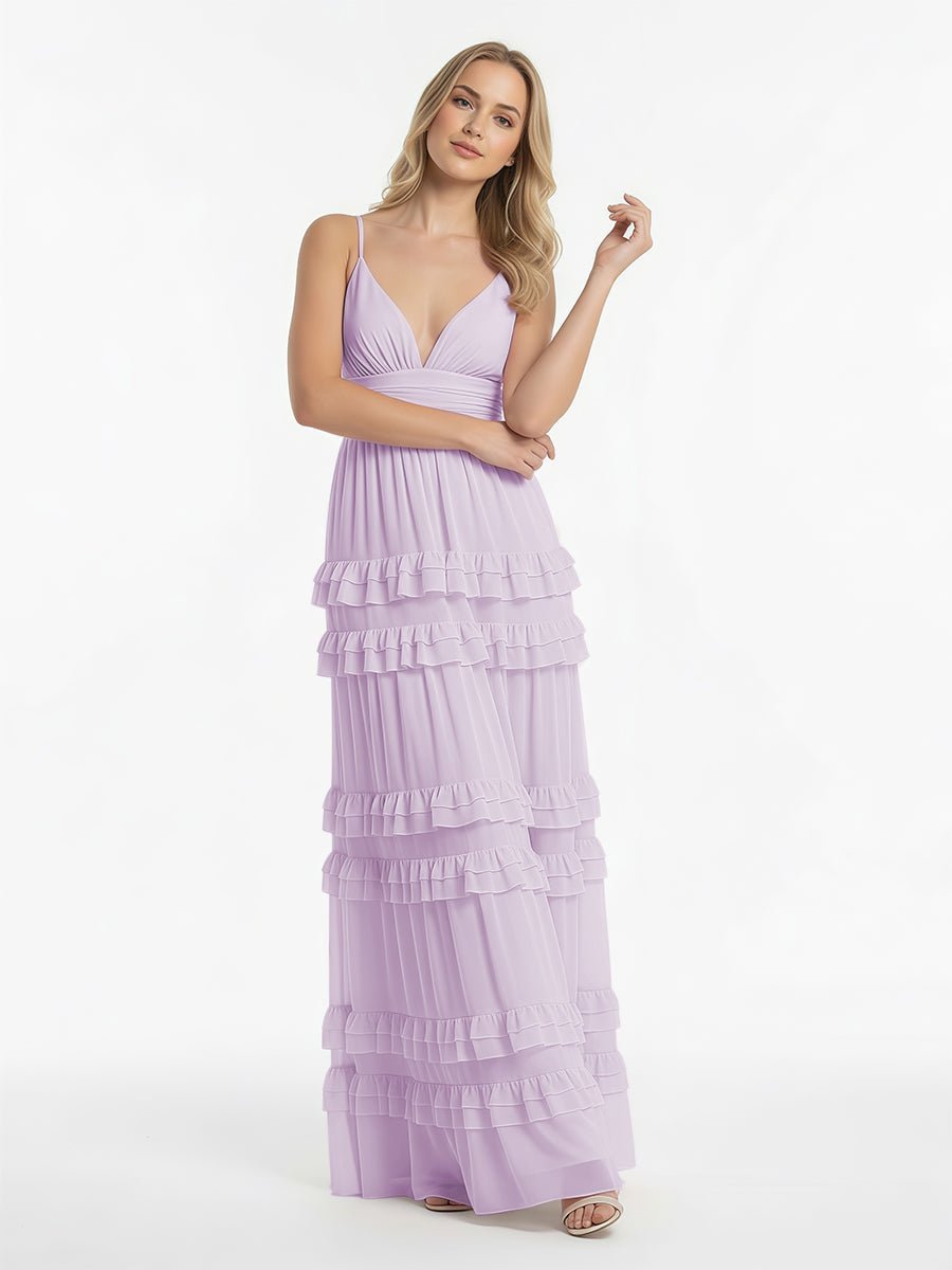 Blush Chiffon A-Line Bridesmaid Dress with V-Neck Neckline and Ruffles