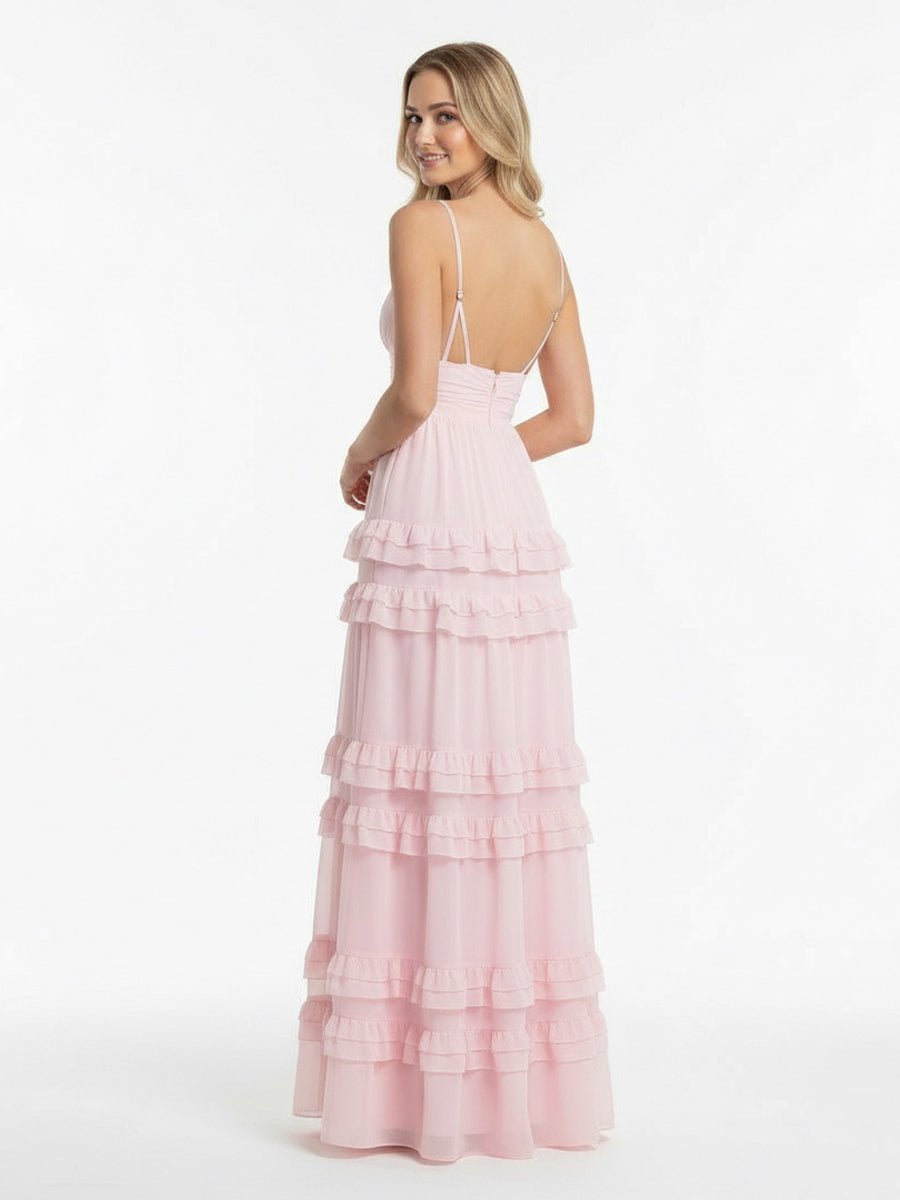 Blush Chiffon A-Line Bridesmaid Dress with V-Neck Neckline and Ruffles