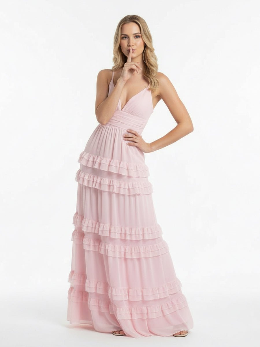 Blush Chiffon A-Line Bridesmaid Dress with V-Neck Neckline and Ruffles