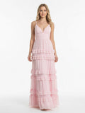 Blush Chiffon A-Line Bridesmaid Dress with V-Neck Neckline and Ruffles
