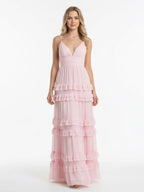 Blush Chiffon A-Line Bridesmaid Dress with V-Neck Neckline and Ruffles