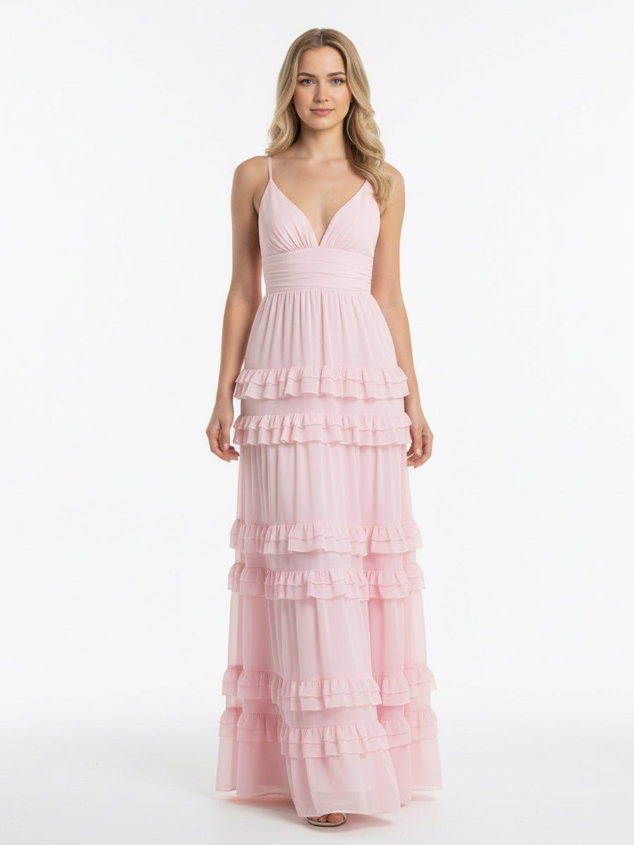 Blush Chiffon A-Line Bridesmaid Dress with V-Neck Neckline and Ruffles