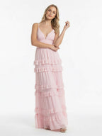 Blush Chiffon A-Line Bridesmaid Dress with V-Neck Neckline and Ruffles