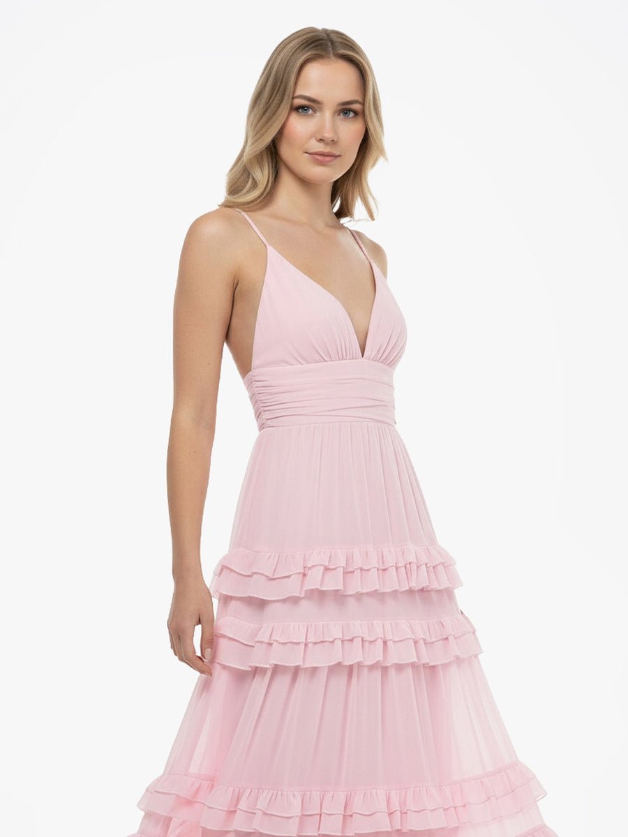 Blush Chiffon A-Line Bridesmaid Dress with V-Neck Neckline and Ruffles