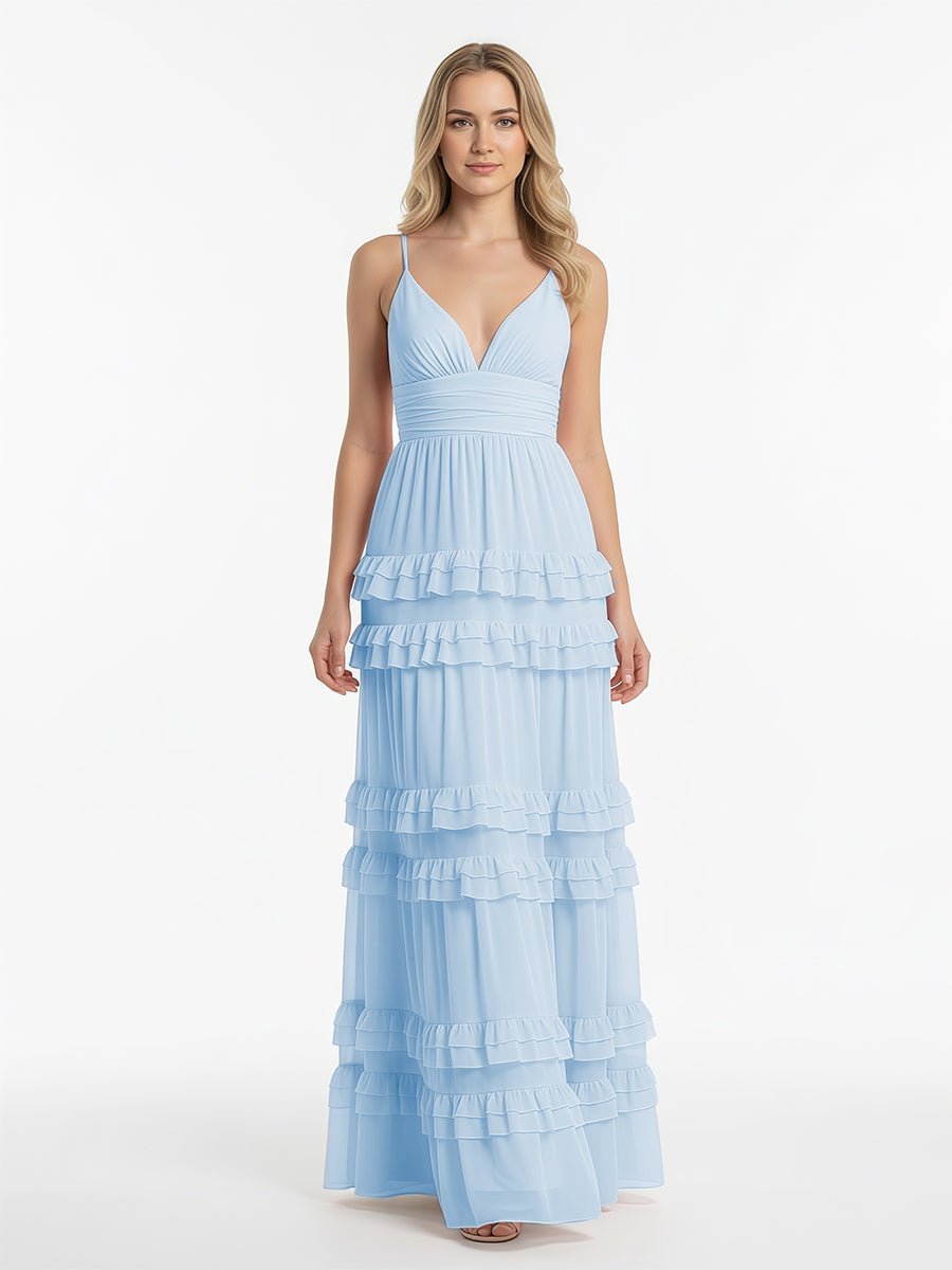 Blush Chiffon A-Line Bridesmaid Dress with V-Neck Neckline and Ruffles