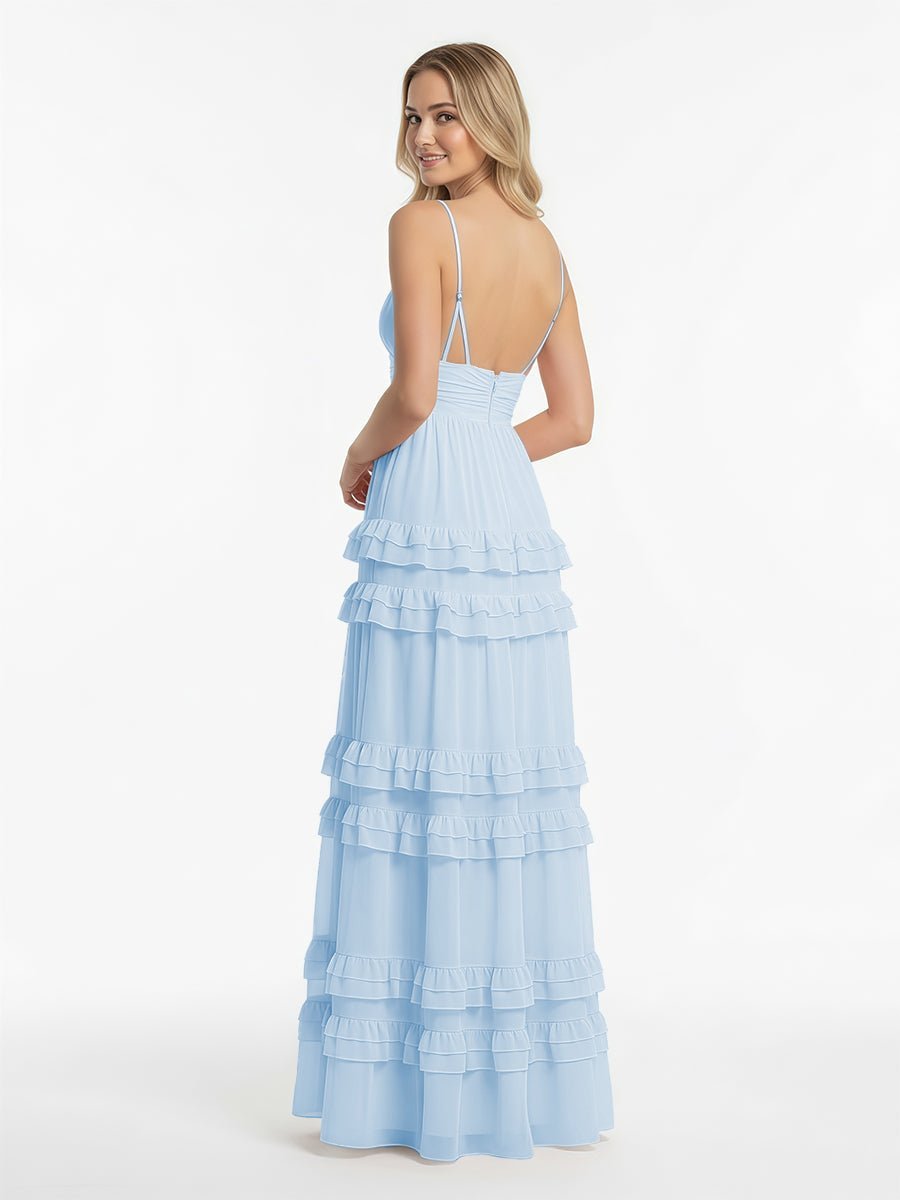 Blush Chiffon A-Line Bridesmaid Dress with V-Neck Neckline and Ruffles