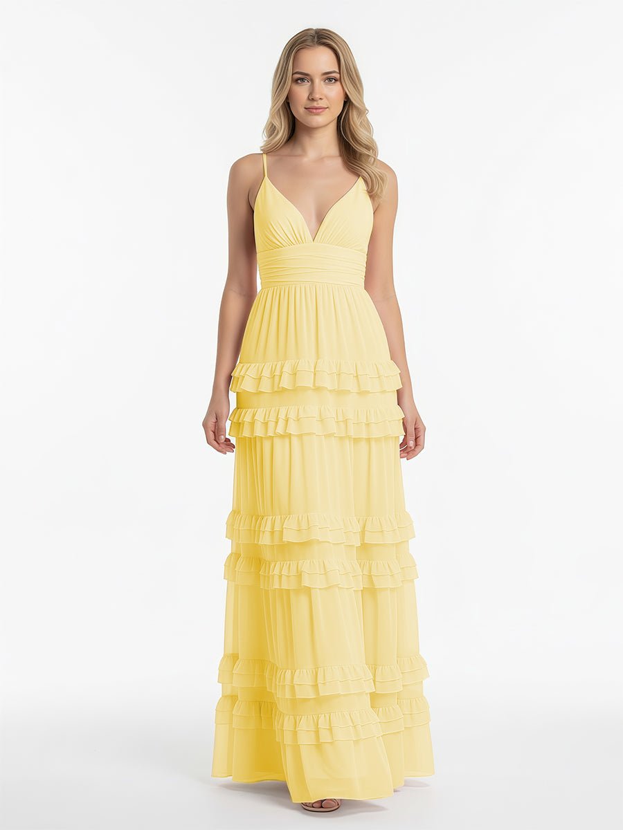 Blush Chiffon A-Line Bridesmaid Dress with V-Neck Neckline and Ruffles