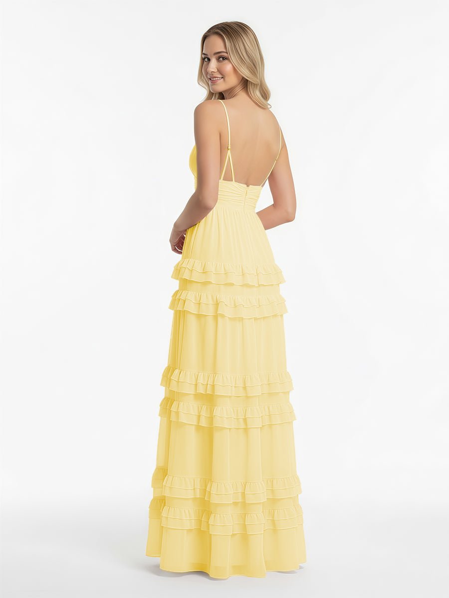 Blush Chiffon A-Line Bridesmaid Dress with V-Neck Neckline and Ruffles
