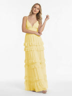 Blush Chiffon A-Line Bridesmaid Dress with V-Neck Neckline and Ruffles