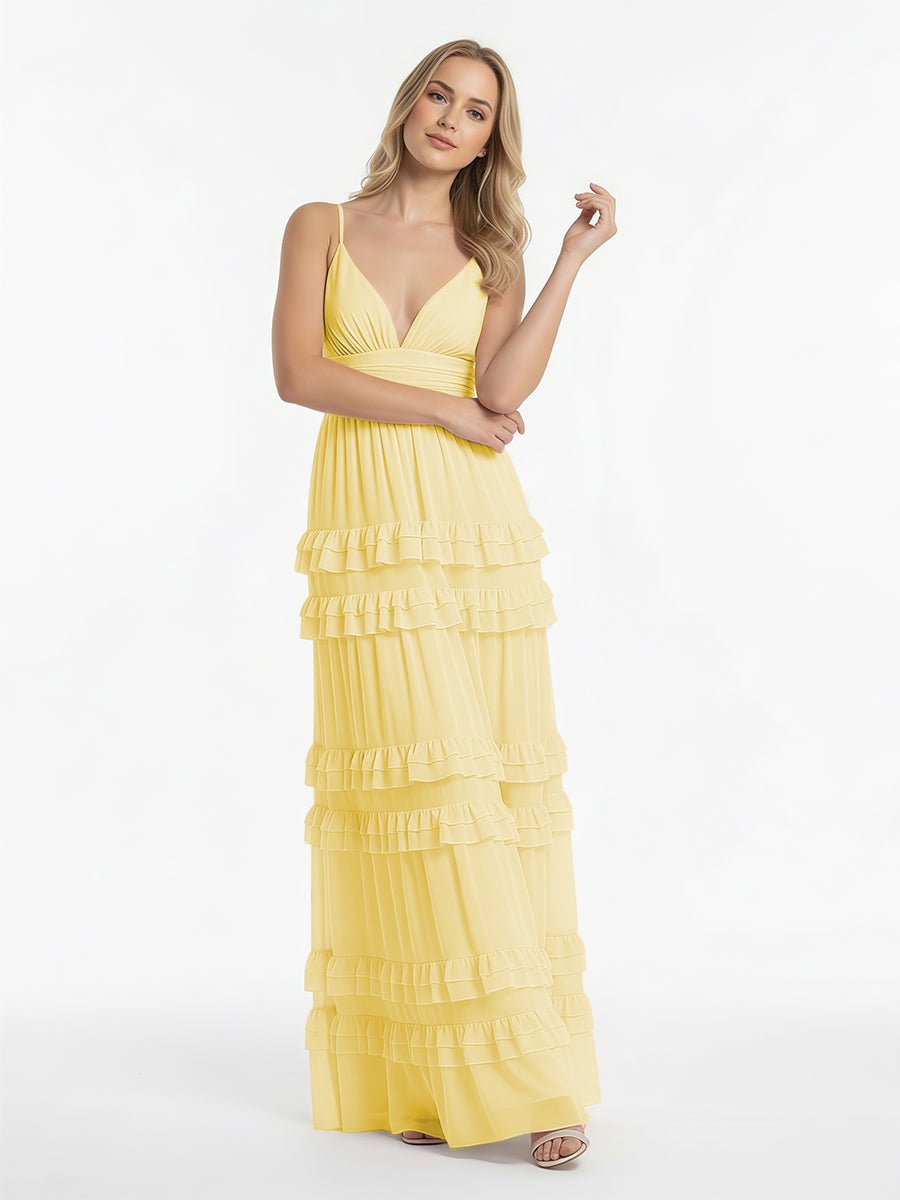 Blush Chiffon A-Line Bridesmaid Dress with V-Neck Neckline and Ruffles