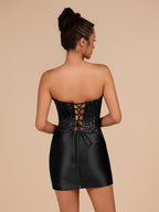 Navy Blue Strapless Bodycon Satin Pleated Short Homecoming & Cocktail Dresses With Beading