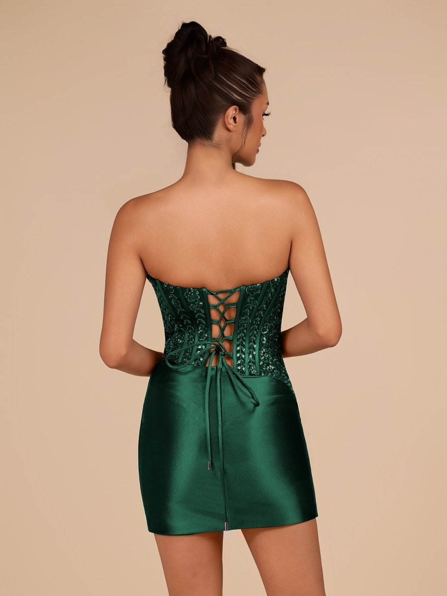Navy Blue Strapless Bodycon Satin Pleated Short Homecoming & Cocktail Dresses With Beading
