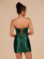 Navy Blue Strapless Bodycon Satin Pleated Short Homecoming & Cocktail Dresses With Beading