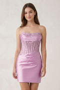 Navy Blue Strapless Bodycon Satin Pleated Short Homecoming & Cocktail Dresses With Beading