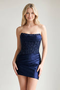 Navy Blue Strapless Bodycon Satin Pleated Short Homecoming & Cocktail Dresses With Beading