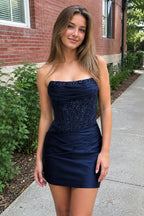 Navy Blue Strapless Bodycon Satin Pleated Short Homecoming & Cocktail Dresses With Beading