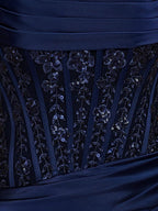 Navy Blue Strapless Bodycon Satin Pleated Short Homecoming & Cocktail Dresses With Beading