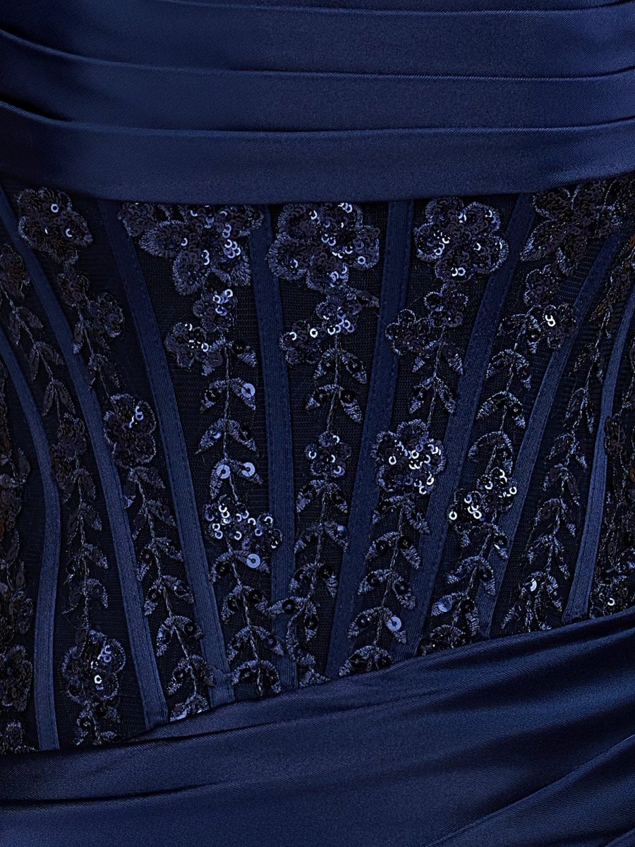 Navy Blue Strapless Bodycon Satin Pleated Short Homecoming & Cocktail Dresses With Beading
